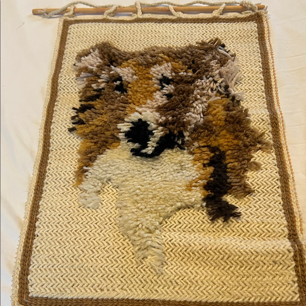 OOAK Latch Hook Collie Dog Wall Hanging Hand Crafted Rustic Cottagecore Western